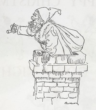Julenissen klatrer ned en skorstein av Arthur Rackham