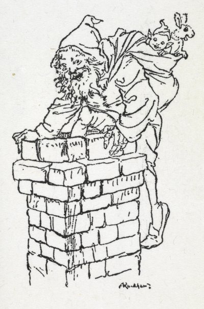 Julenissen klatrer ned en skorstein med en sekk med gaver av Arthur Rackham