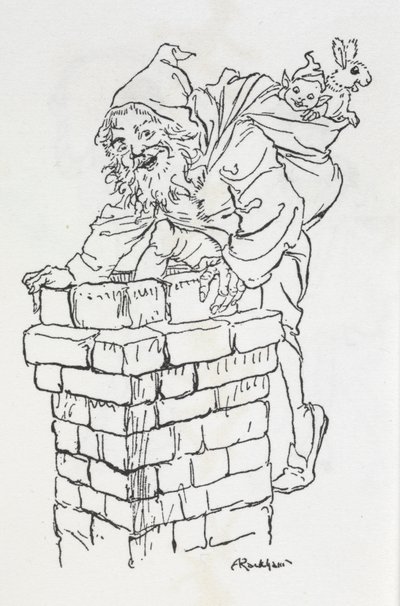 Julenissen klatrer inn i en skorstein med gaver av Arthur Rackham