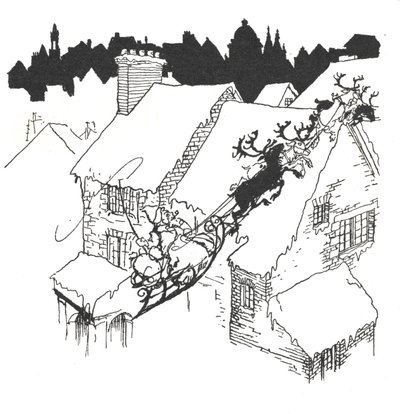 Julenissen i sleden sin som flyr over snødekte hustak av Arthur Rackham