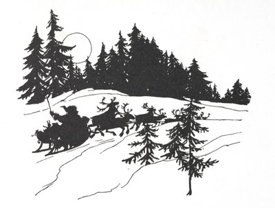 Julenissen reiser gjennom en snødekt skog på sleden sin av Arthur Rackham