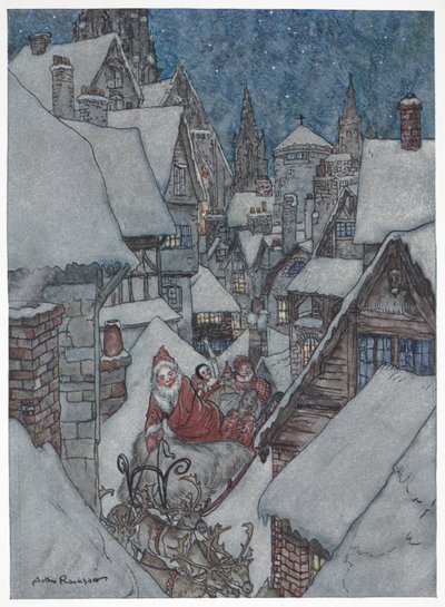 Julenissen reiser gjennom snødekte gater på sleden sin av Arthur Rackham