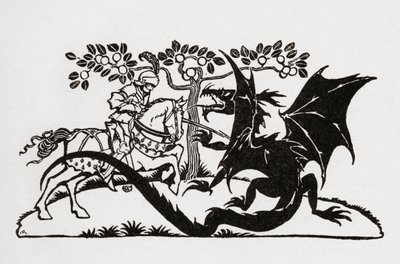 George og dragen. Fra boken English Fairy Tales gjenfortalt av F.A. Steel med illustrasjoner av Arthur Rackham, utgitt 1927. av Arthur Rackham