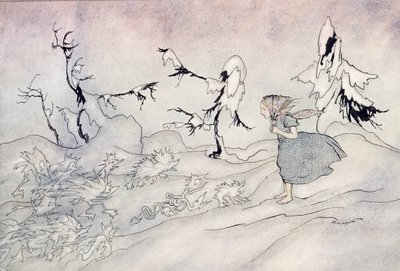 Gerda er livredd for snødronningens fremvakt, men hun sa Fader vår og blir reddet av små lyse engler, illustrasjon fra Snødronningen av Hans Christian Andersen, utgitt 1932 (wc & i) av Arthur Rackham
