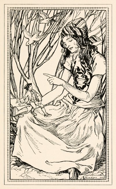 Glumdalclitch lærer Gulliver å lese fra del II: A Voyage to Brobdingnag in Gullivers Travels av Jonathan Swift av Arthur Rackham
