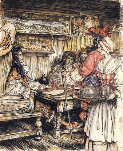 Gå og se på et av kaffehusene i King Street i Westminster, illustrasjon fra The Compleat Angler av Isaac Walton, 1931 (penn og blekk og akvarell på papir) av Arthur Rackham