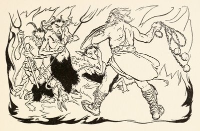 Goll mac Morna angriper helvete for å redde Fionn og Fianna-finnen, fra The Little Brawl at Allen i Irish Fairy Tales av Arthur Rackham
