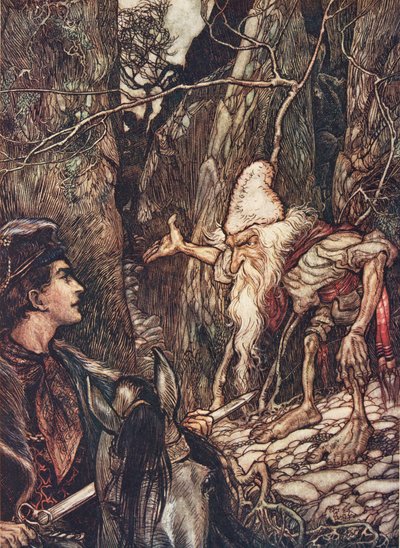 Gode dverg, kan du ikke fortelle meg hvor brødrene mine er? fra The Fairy Tales of the Brothers Grimm, pub. 1909 av Arthur Rackham