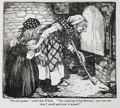 Grethel og den gamle heksa ved ovnen fra Hansel og Grethel. av Arthur Rackham