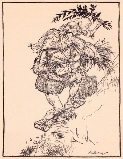 Han stønner konstant og klatret opp på fjellet. Illustrasjon av Arthur Rackham fra Grimm