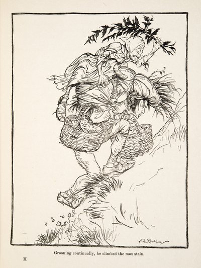 Stønnende hele tiden klatret han opp i fjellet, fra Little Brother & Little Sister and Other Tales av brødrene Grimm, pub.1917 (litho) av Arthur Rackham