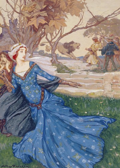 Guinevere reddet av La Cote Male Taile, illustrasjon fra A Collection of Stories from Old Fairy Tales: Grimm, Andersen and Stories of King Arthur, utgitt 1905 (kroppsfarge på papir) av Arthur Rackham