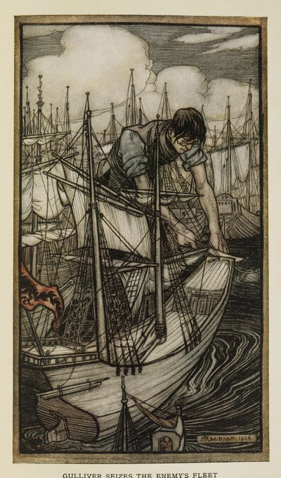Gulliver fanger fiendens flåte, illustrasjon fra Gulliver
