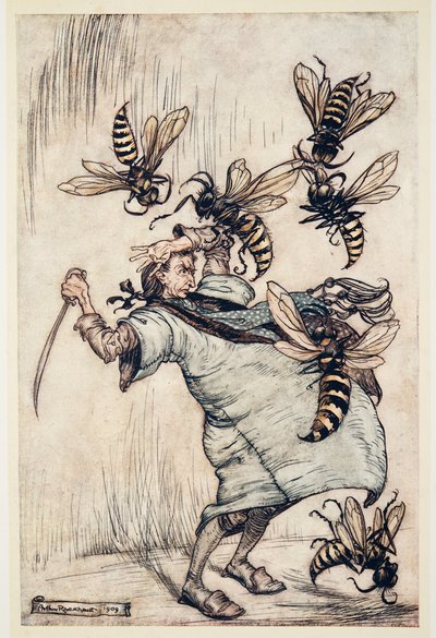 Gulliver's Combat with The Wasps, fra Gulliver's Travels av Jonathon Swift (1667 - 1745), pub. 1909 (farge litho) av Arthur Rackham