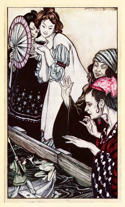 Gullivers møte med frosken fra del II: A Voyage to Brobdingnag i Gullivers Travels av Jonathan Swift av Arthur Rackham