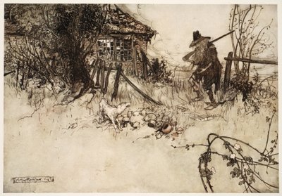 Han fant huset gått i forfall? Hunden min, sukket stakkars Rip, har glemt meg., fra Rip Van Winkle av Washington Irving, pub. 1910 av Arthur Rackham