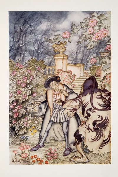Han hørte en høy lyd, og så et beist komme mot ham, så skummelt å se på at han var klar til å besvime av frykt, fra The Arthur Rackham Fairy Book, pub. 1933 av Arthur Rackham