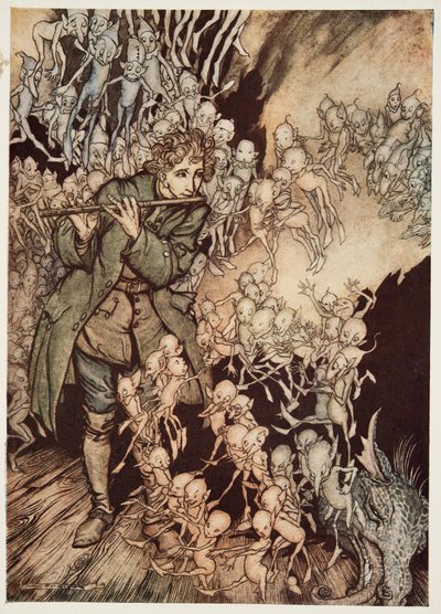 Han spilte til rommet var helt fylt med nisser, fra Little Brother & Little Sister and Other Tales av brødrene Grimm, pub. 1917 av Arthur Rackham