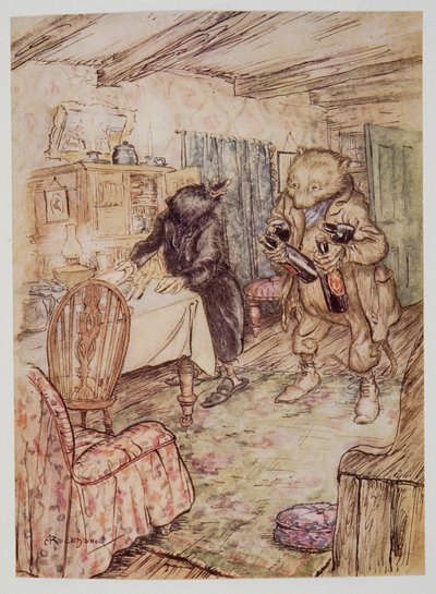 Han dukket for øyeblikket opp igjen, noe støvete, med en flaske øl i hver pote og en annen under hver arm, fra Wind in the Willows av Kenneth Grahame (1859 - 1932), pub. 1940 av Arthur Rackham