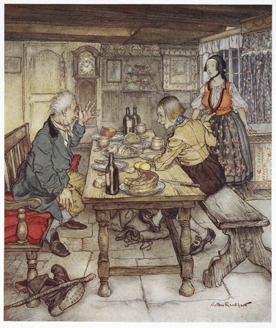 "Han sier at du kan gå og åpne kisten i hjørnet, og du vil se djevelen huke inni den". En bonde og en mann kjent som lille Claus, sitter ved et bord, mens bondens kone bringer dem mat. Illustrasjon for 