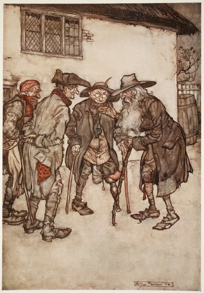 Han fant snart mange av sine tidligere kumpaner, selv om alle desto verre for tidens slitasje., fra Rip Van Winkle av Washington Irving, pub. 1910 av Arthur Rackham