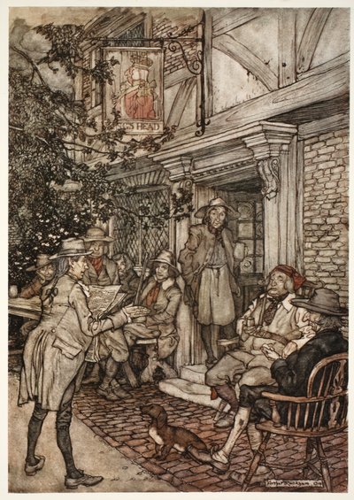 Han pleide å trøste seg ved å besøke en slags evigvarende klubb av vismenn, filosofer og andre ledige personer, som holdt sine sesjoner foran et lite vertshus., fra Rip Van Winkle av Washington av Arthur Rackham