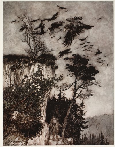 Han ble bare besvart av en flokk ledige kråker., fra Rip Van Winkle av Washington Irving, pub. 1910 av Arthur Rackham