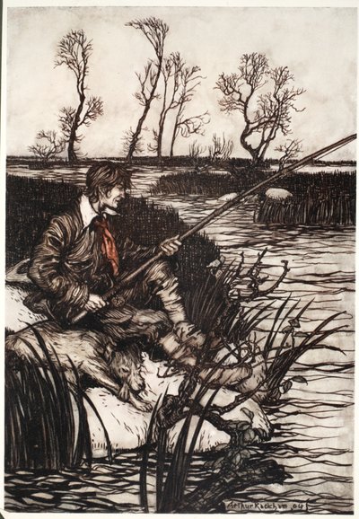 Han satt på en våt stein og fisket hele dagen., fra Rip Van Winkle av Washington Irving, pub. 1910 av Arthur Rackham