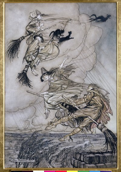 Hei! Opp Chimney Lass! Hey After you!, illustrasjon i The Ingoldsby Legends of Mirth and Marvels, 1907 (penn og blekk med wc på papir) av Arthur Rackham