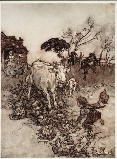 Kua hans ville komme på avveie eller komme blant kålene., fra Rip Van Winkle av Washington Irving, pub. 1910 av Arthur Rackham