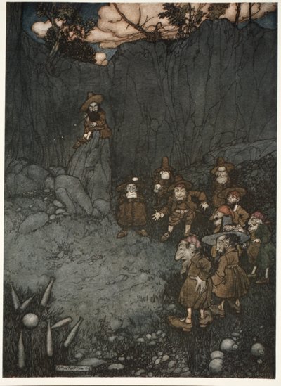 Faren hans hadde sett dem i sine gamle nederlandske kjoler spille på nipins., fra Rip Van Winkle ved Washington Irving, pub. 1910 av Arthur Rackham