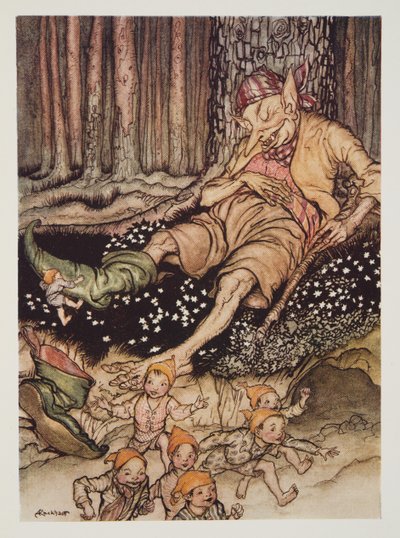 Hop-o-my-thumb gikk sakte opp til Ogre og dro av seg syv-ligastøvlene hans, fra The Arthur Rackham Fairy Book, pub. 1933 av Arthur Rackham