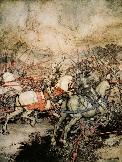 Hvordan Arthur trakk sverdet sitt, Excalibur, for første gang, illustrasjon fra 
