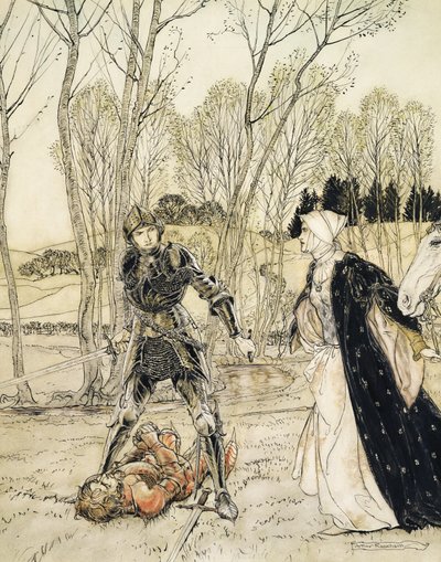 Hvordan Beaumains beseiret den røde ridderen, og damoselen alltid sa mange stygge ord til ham (penn og blekk og wc) av Arthur Rackham