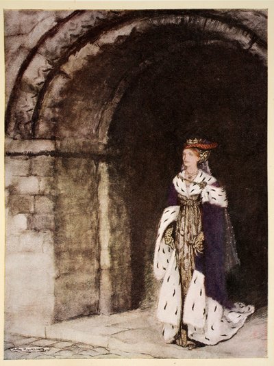 Hvordan dame Lionesse kom frem kledd som en prinsesse, illustrasjon fra "The romantique of King Arthur and his knights of the Round Table" av Alfred W. Pollard, 1910 av Arthur Rackham