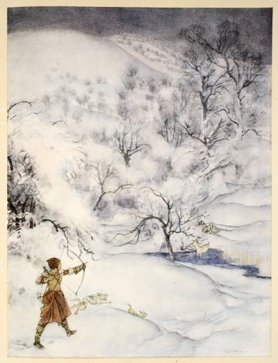 Hvordan Sir Launcelot ble skutt av en gentlewoman på jakt, illustrasjon fra "The romantique of King Arthur and his knights of the Round Table" av Alfred W. Pollard, 1910 av Arthur Rackham