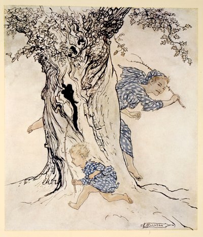 Hvordan han anstrengte seg og peset for å fange den forfølgende personen og forfølge henne og få sin egen bryter i gang, illustrasjon fra 'Irish Fairy Tales' av James Stephens, 1920 av Arthur Rackham