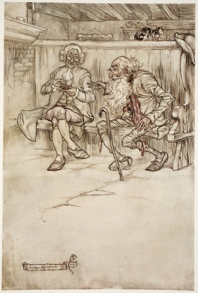 Jeg har noen gang snakket med Rip Van Winkle selv, som, da jeg sist så ham, var en veldig sårbar gammel mann., fra Rip Van Winkle av Washington Irving, pub. 1910 av Arthur Rackham
