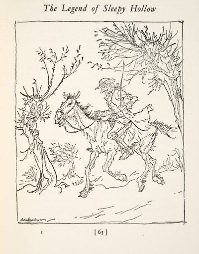 Ichabod Crane rømmer fra the Headless Horseman, fra The Legend of Sleepy Hollow av Washington Irving (1783 - 1859), pub. 1928 av Arthur Rackham