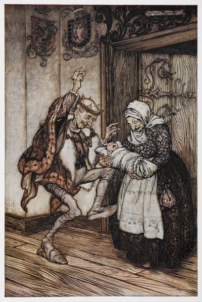 Illustrasjon fra Briar Rose av en eldre konger og dronning og deres baby. av Arthur Rackham