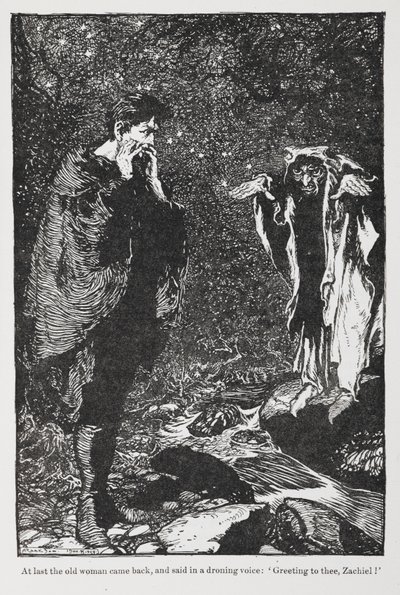 Illustrasjon fra Jorinda og Joringel av Zachiel og den gamle kvinnen. av Arthur Rackham