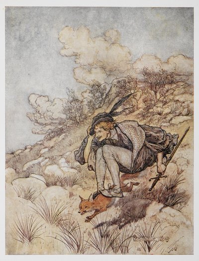 Illustrasjon fra The Golden Bird. En prins som rir på en rev. av Arthur Rackham