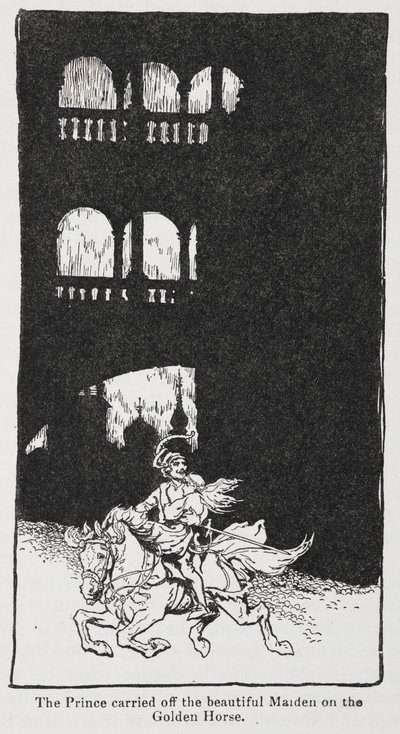 Illustrasjon fra Gullfuglen når prinsen bærer av piken på hesteryggen. av Arthur Rackham