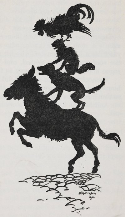 Illustrasjon fra Bremen Town Musicians av en rumpe, hund, katt og hane. av Arthur Rackham
