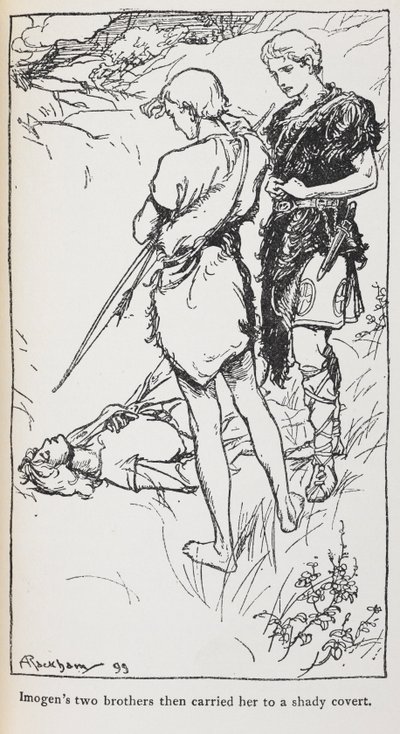 Illustrasjon av Imogen og hennes brødre fra Cymbeline. av Arthur Rackham
