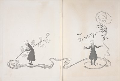 Illustrasjon av Scrooge. På den ene siden er han avbildet av en kvist kristtorn, som holder en pose med penger og ser sint ut. På den andre er han avbildet med en kvist misteltein som ser glad ut. av Arthur Rackham