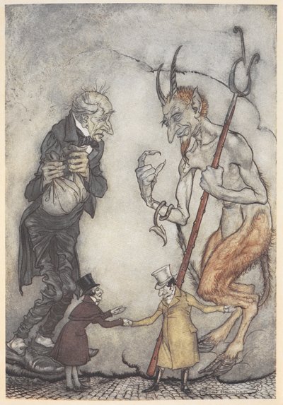 Illustrasjon av Joakim og djevelen vil to små menn under dem av Arthur Rackham