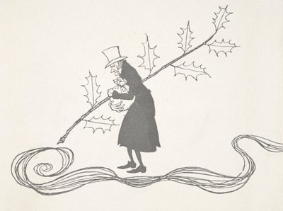 Illustrasjon av Joakim, avbildet av en kvist kristtorn, som holder en pose med penger og ser sint ut. av Arthur Rackham