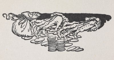 Illustrasjon av Scrooges hender som teller penger av Arthur Rackham