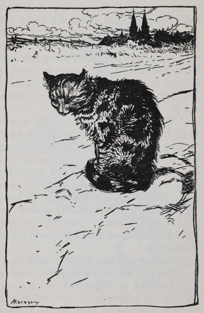 Illustrasjon av en katt fra Bremen Town Musicians. av Arthur Rackham